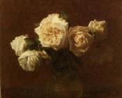 Yellow Pink Roses in a Glass Vase - 亨利·方丹·拉图尔